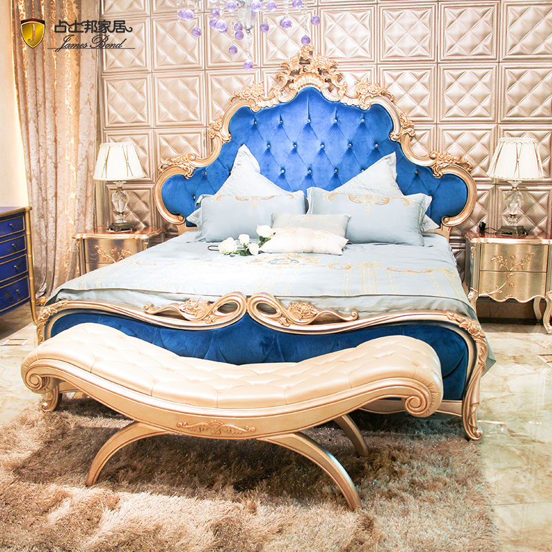 James Bond Classic bed furniture design 14k gold and solid wood Blue velvet JP644