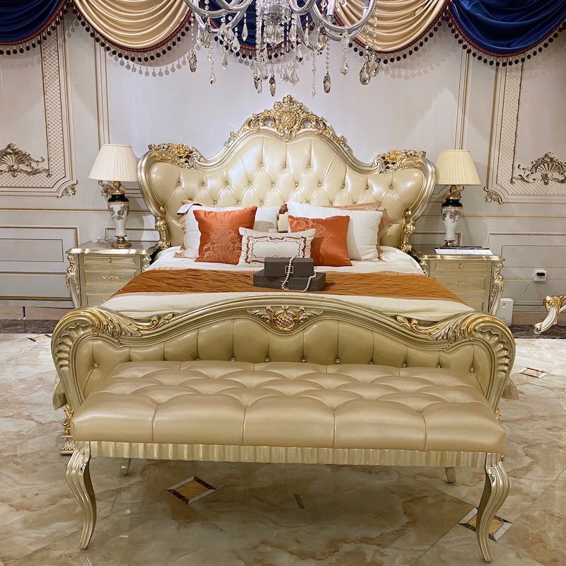 Classic Bedroom Double Color Gold Leaf Luxury Classic Bed JP622
