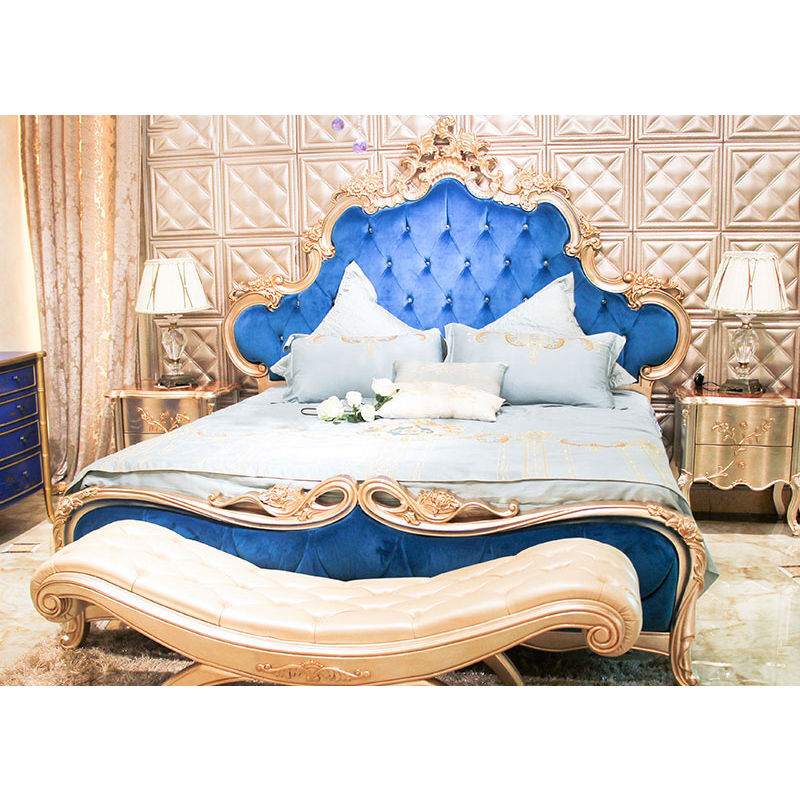James Bond Classic bed furniture design 14k gold and solid wood Blue velvet JP644
