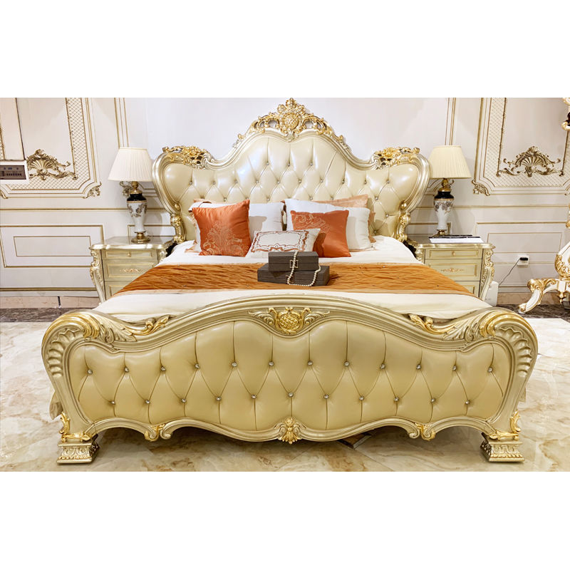 Classic bedroom double color gold leaf luxury classic bed JP622