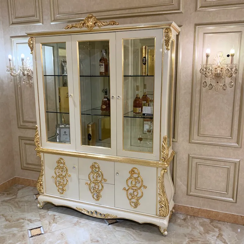 European Furniture Hand-Carved Gold Foil Wine Cabinet JF233